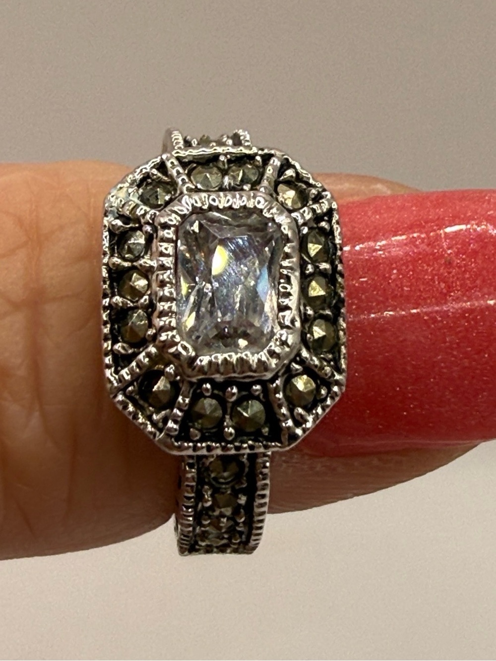 Jewels by Park Lane "Reign" Ring Emerald Cut Cubic Zirconia Marcasite Size 6